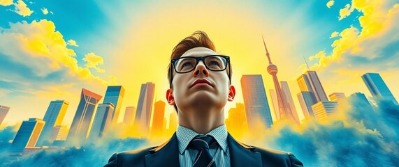 Confident Stylish Young Indian Man in  Shirt and  Eye Glasses wearing and standing  in Modern City background. 

