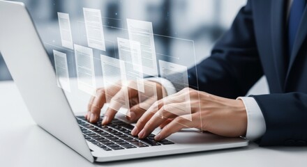 A businessman in a suit types on a laptop with digital documents floating around him
