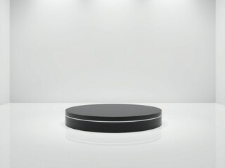 Modern black cylindrical podium with illuminated white stripe in a bright white room