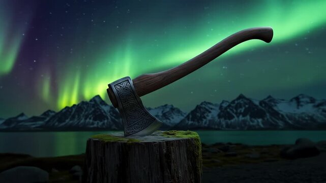 Ornate axe on mossy stump against aurora borealis backdrop