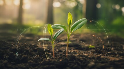 Two green plant sprouts growing in dark soil with digital data overlays seedling growth