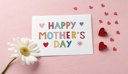 A vibrant graphic celebrating Mother's Day, featuring the text Happy Mother's Day in bold, pink letters adorned with a heart motif. The background is a soft gradient of pink and purple with sparkling 