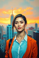 Smiling Young Businesswoman in Casual Outfit Standing Outdoors with Bag – Modern Corporate Lifestyle Concept.