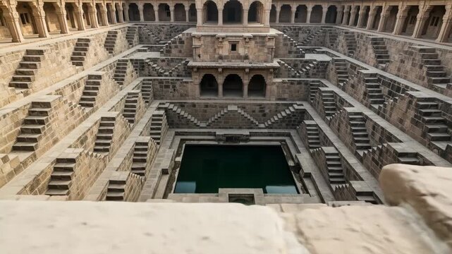Ancient Stepwell Architecture in India - A high-angle, wide shot captures the intricate details of a historical stepwell in India.