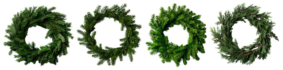 Collection of undecorated artificial fir wreaths isolated on white or transparent background