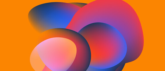 Abstract colorful shapes overlap, creating vibrant gradients. Orange background provides contrast, smooth transitions visible.