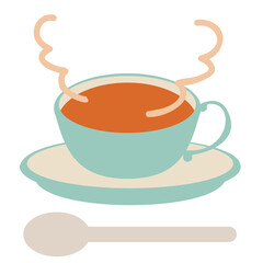 水色とベージュのティーカップに入った紅茶のシンプルなイラスト、スプーンと湯気つき