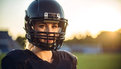 Woman in football uniform at sunset
