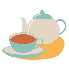 ベージュと水色のバイカラーのティーポットとカップに入った紅茶のイラスト