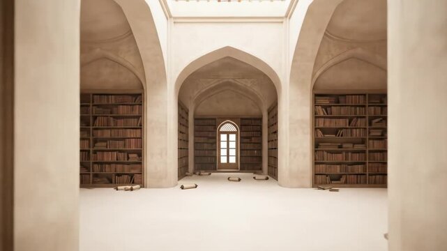 Ancient Library Hallway with Scattered Scrolls - A long hallway in an ancient library features tall bookshelves filled with aged books, arched doorways, and scattered scrolls on the floor.