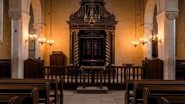 Historic Synagogue Interior with Wooden Pews and Bimah - A view of the interior of an old synagogue, showcasing rows of dark wooden pews facing the ornate bimah, with warm, candlelit lighting