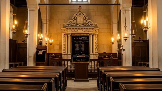 Tranquil Synagogue Interior with Warm Lighting - Rows of empty wooden pews face the ornate bimah in a softly lit synagogue.