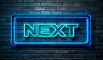 A glowing blue neon sign that reads NEXT, set against a textured dark brick wall background. The sign is illuminated with a bright, vibrant hue, emphasizing the word in bold, capital letters within a 