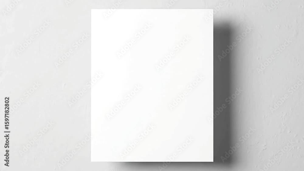 Poster a blank white rectangular sheet of paper hangs against a light grey textured wall casting a shadow t