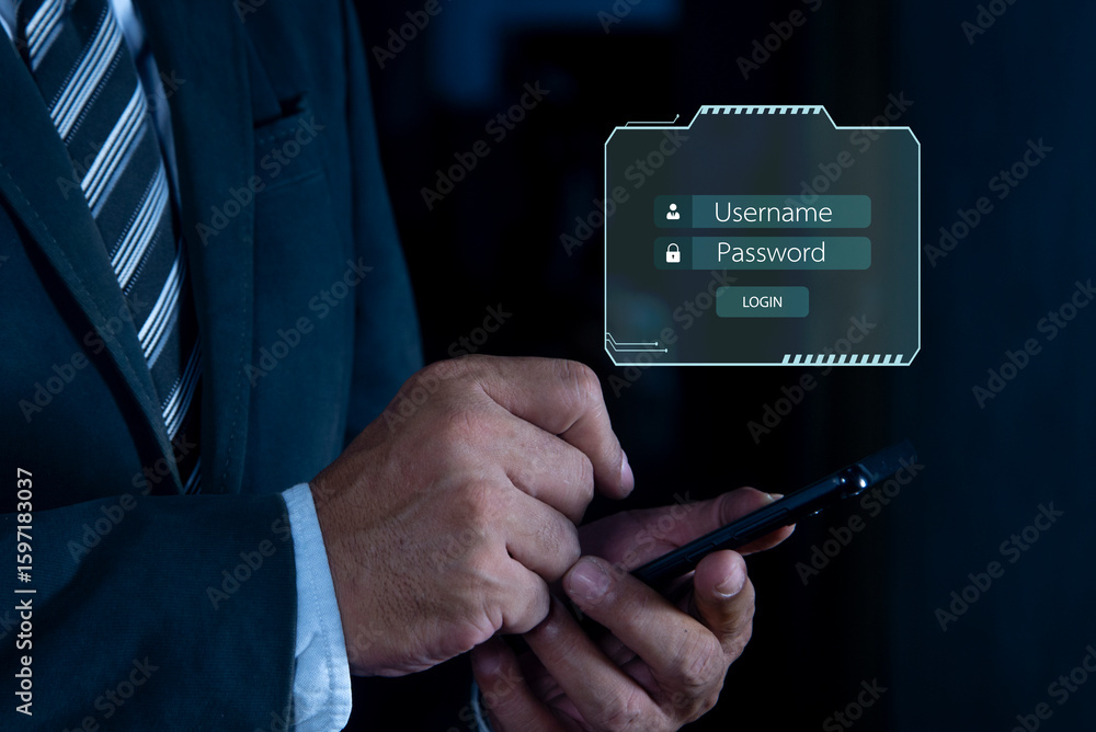 Poster user login interface concept. login with smartphone to registration to social media app or personal 
