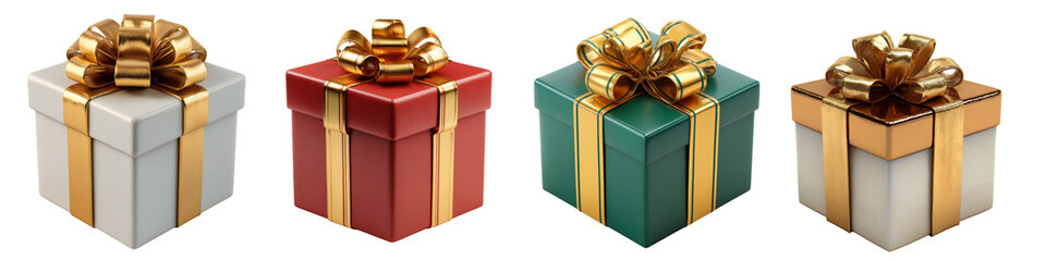 Collection of white, green and red 3D gift boxes with a shiny golden ribbon and bow, festive and elegant style isolated on a white or transparent background