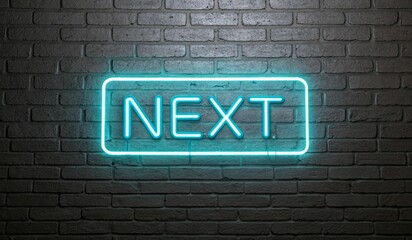 A glowing blue neon sign that reads NEXT, set against a textured dark brick wall background. The sign is illuminated with a bright, vibrant hue, emphasizing the word in bold, capital letters within a 