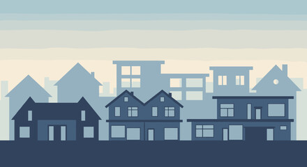 Clean graphic cityscape with diverse residential and commercial buildings under a soft sky