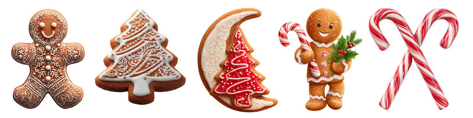 Collection of Christmas gingerbreads and candy isolated on a white or transparent background
