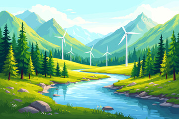 Serene mountain valley with river and wind turbines, symbolizing clean energy and nature.