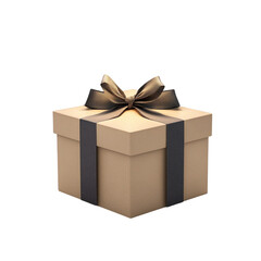 Brown gift box with dark ribbon and bow isolated on transparent background