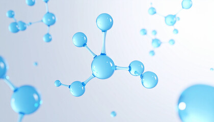 Blue molecular structures floating in a light blue and white background molecule science