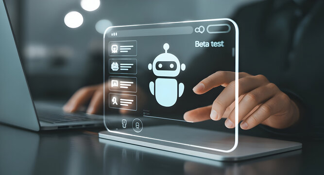 Person interacting with digital robot icon