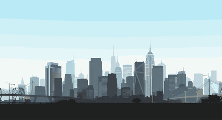 Iconic City skyline with bridges and skyscrapers under a clear sky