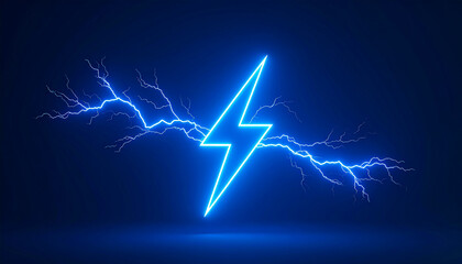 Bright blue neon lightning bolt symbol with electric energy sparks power electricity
