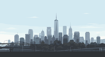Fototapeta premium Modern city skyline with skyscrapers and bridge under a hazy sky