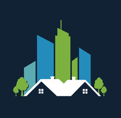 Modern cityscape with residential homes and green trees symbolizing urban development and community living