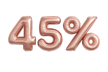 Rose gold foil balloons forming the number forty five percent isolated on transparent background