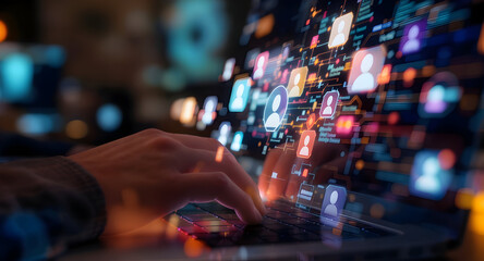 Person using laptop with social media interface