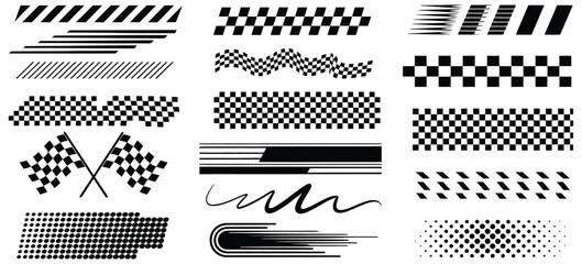 Racing stripe vector set, race car graphics, checkered flag designs, dynamic lines, racing stripe speed elements, decal patterns, competition themes, and black and white finish line motorsport visuals