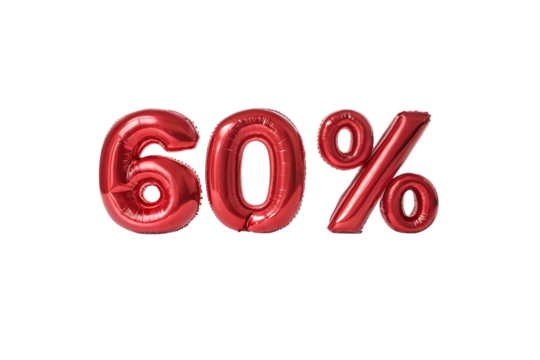 Shiny red balloons forming sixty percent discount isolated on transparent background