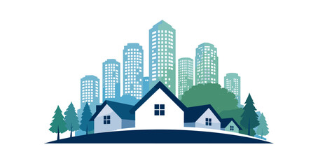 Obraz premium Modern city skyline with suburban homes and trees, representing urban development and residential life.