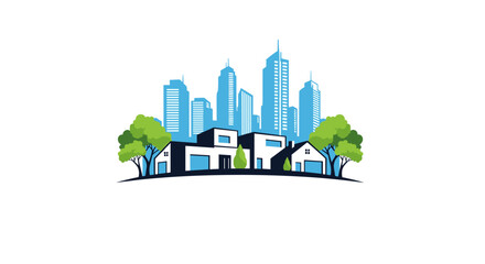 Fototapeta premium Modern homes nestled before a vibrant city skyline with lush trees