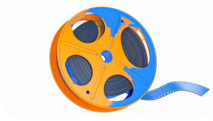 Fototapeta premium Orange and blue film reel with dark film strip unwinding movie cinema