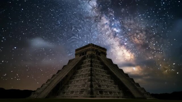 Mayan Pyramid Under Milky Way Galaxy - A majestic Mayan pyramid stands silhouetted against a breathtaking night sky filled with the vibrant colors and swirling patterns of the Milky Way galaxy.