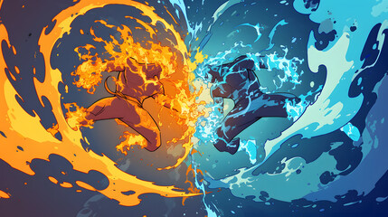 flat vector comic style two elemental fusion super