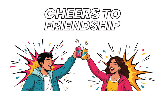 International Friendship Day 2025: Cheers to Friendship. Happy diverse friends toasting with drinks, symbolizing celebration and bond.