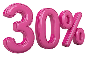 Shiny pink inflatable balloons forming thirty percent discount isolated on transparent background