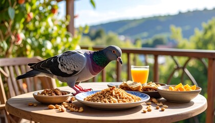 Pigeon eating breakfast outdoors