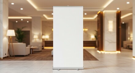 A blank retractable banner stands in a welllit hotel lobby