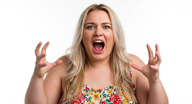 A blonde woman with a floral top screams in distress her hands raised with fingers spread