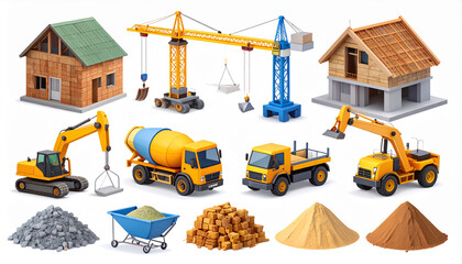 Yellow excavators concrete mixer truck and construction cranes with building materials