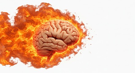 Obraz premium A brain engulfed in vibrant orange flames against a bright white backdrop