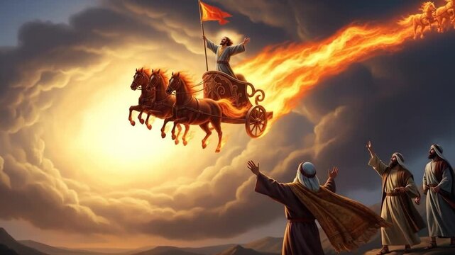 Ascension of a Prophet in Fiery Chariot - A prophet ascends to heaven in a fiery chariot pulled by horses, watched by onlookers below.