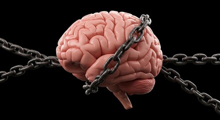 A brain is tightly bound by heavy iron chains against a stark black backdrop