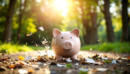 Broken piggy bank in autumn park